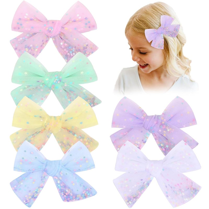 C.N. 6 PCS Tulle Hair Bows for Girls, Toddler Bows with Glitter Star Alligator, Colorful Hair Barrettes Wedding Hair Accessories for Baby Girls Infants Toddler Teens Party (Type D) - Image 1